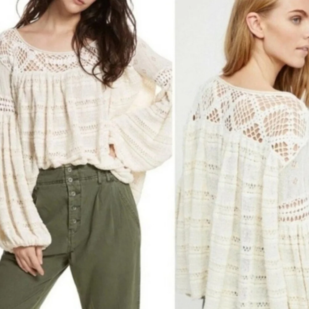 Free People Someday Crochet Sweater Ivory Oversized Linen Blend XS